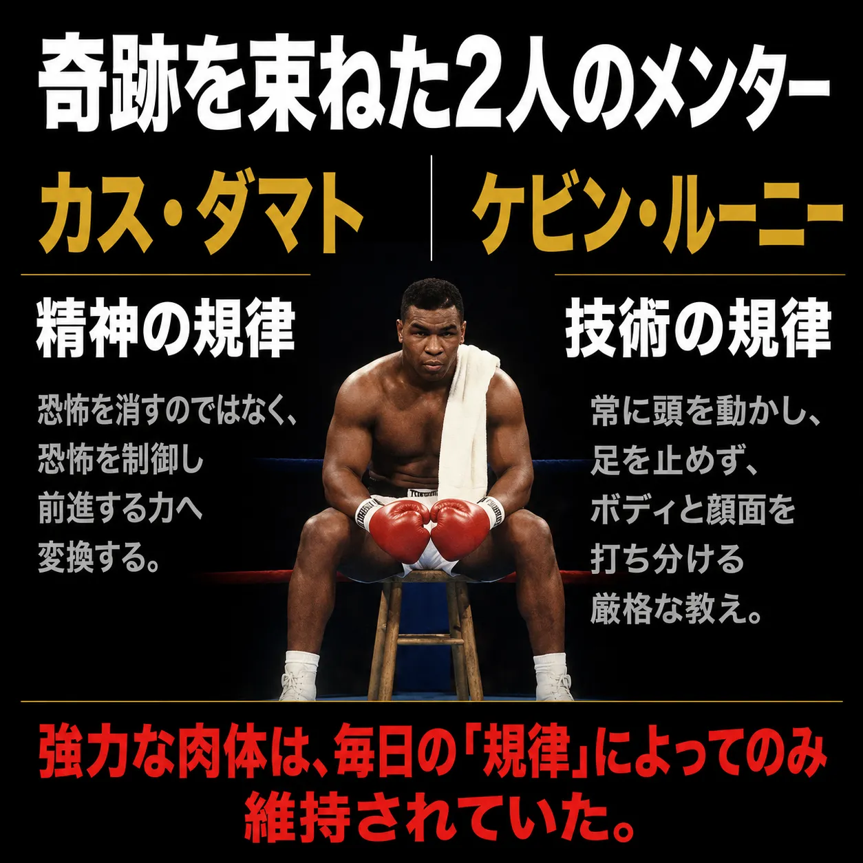 ボクシングリングのスツールに座る筋肉質なボクサー。2人のメンター、カス・ダマト(精神の規律)とケビン・ルーニー(技術の規律)の教えを解説。強力な肉体は毎日の規律によってのみ維持されるというメッセージ。