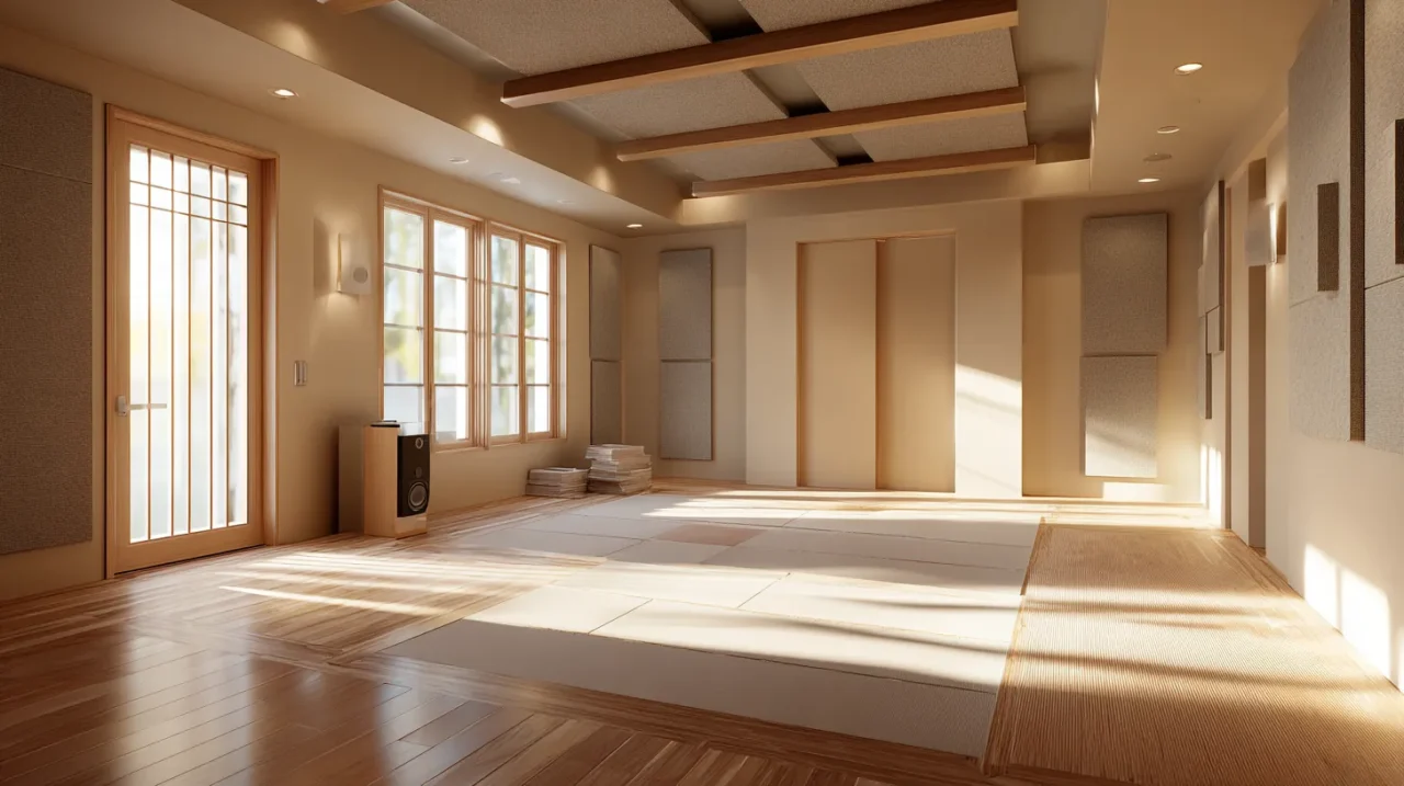 オーダーメイド防音室の施工途中を再現した、木材と吸音パネルが並ぶ広々とした室内の様子。