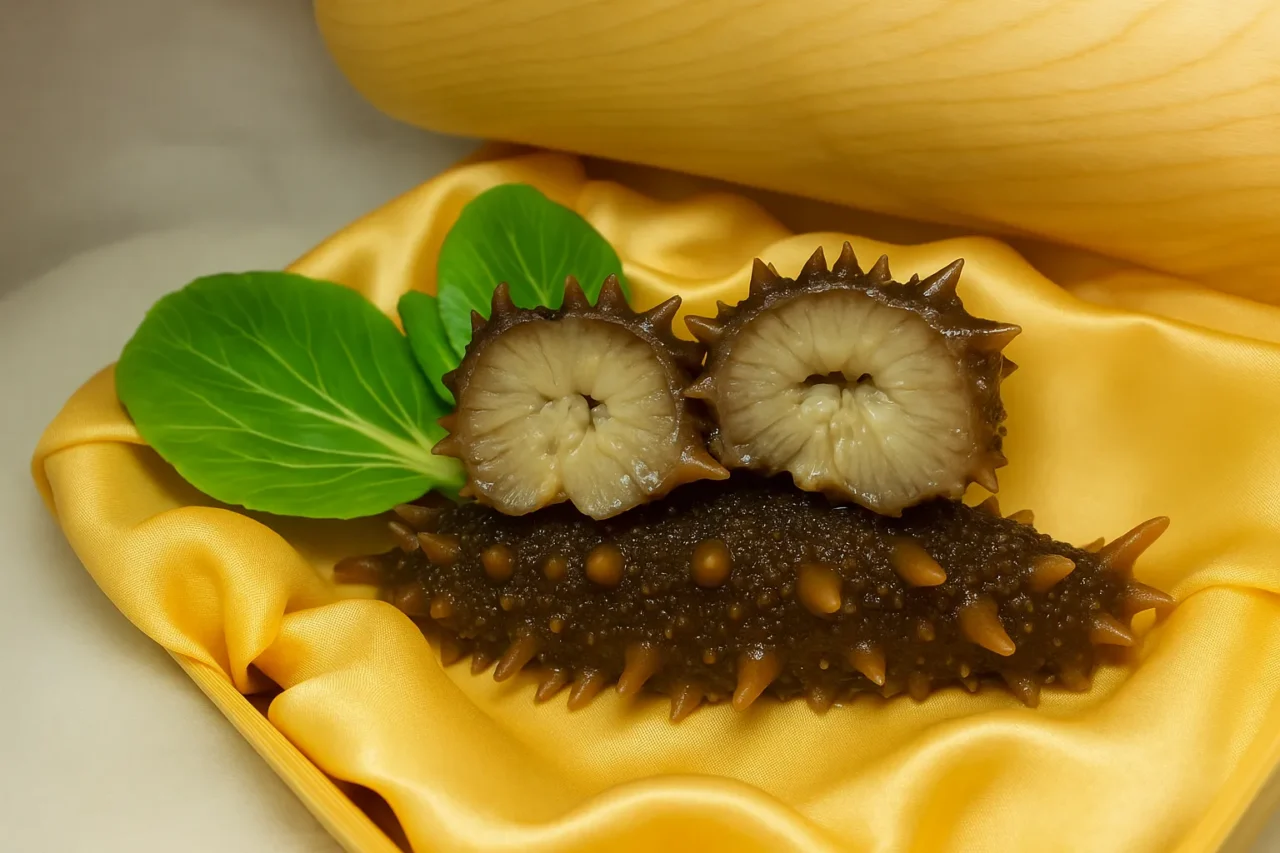 高級食材として提供されるカット済みの乾燥ナマコと葉野菜