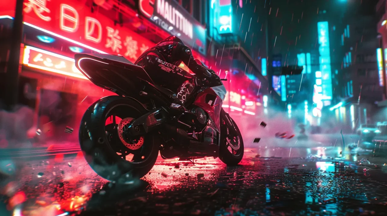 雨が降るネオン街を、サイバーパンク風のバイクが滑り込みながら疾走するシーンを捉えたイメージ