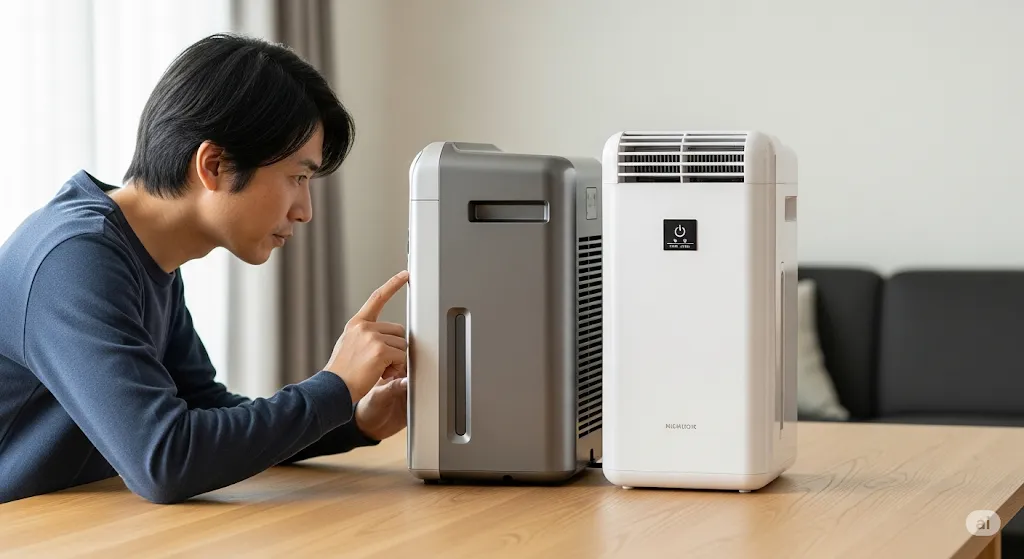 2つの空気清浄機を比較している日本人