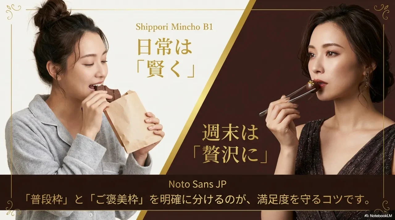 普段用は賢く選び、ご褒美用は贅沢にする枠分けを提案する画像