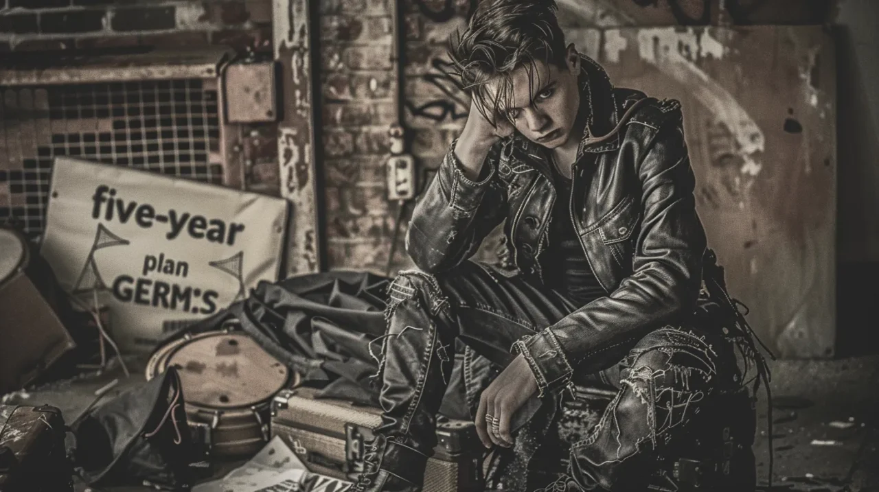 レンガ壁の前に座り込む若いパンクの男性。背景には『five-year plan GERMS』と書かれたポスターが貼られており、レザージャケットとダメージデニム姿で沈思する姿が印象的なコンセプチュアルポートレート。