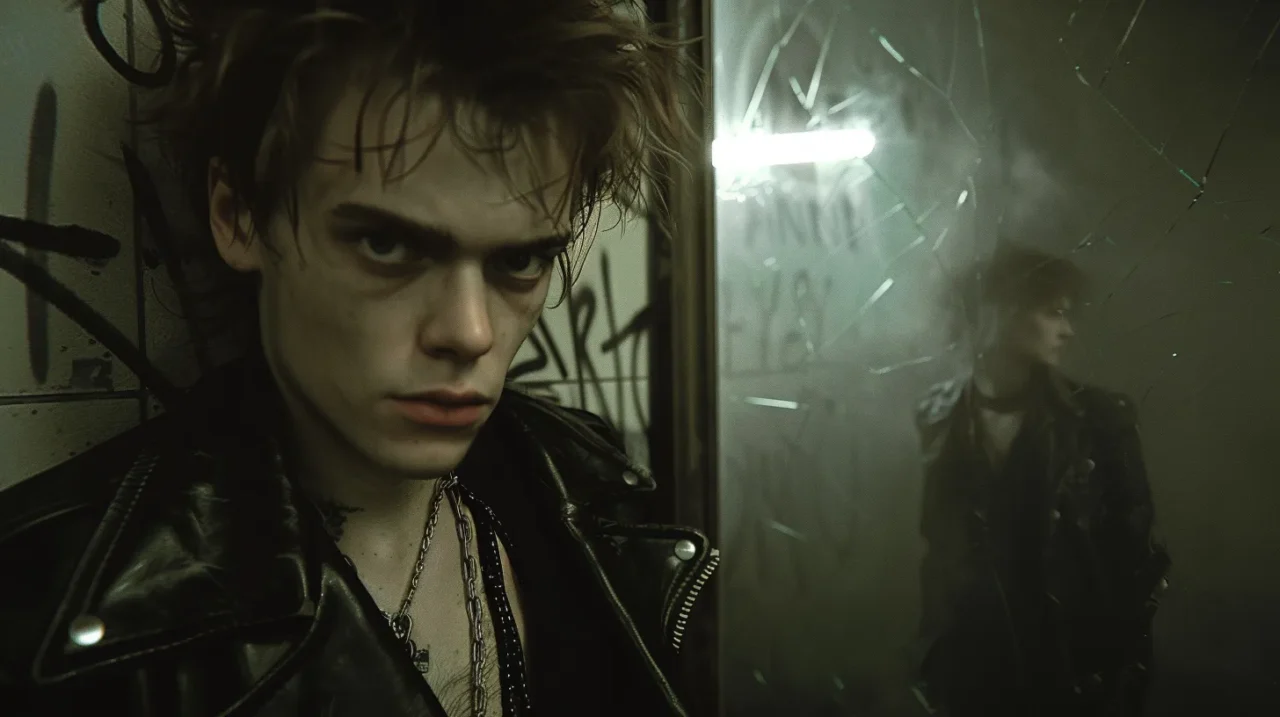 割れた鏡の前で立ち尽くす若い男性。鋭い視線を向け、レザージャケットとチェーンを身に着けた姿が印象的。鏡には彼のもう一つの姿がぼんやりと映り、内面の葛藤や孤独を象徴している。