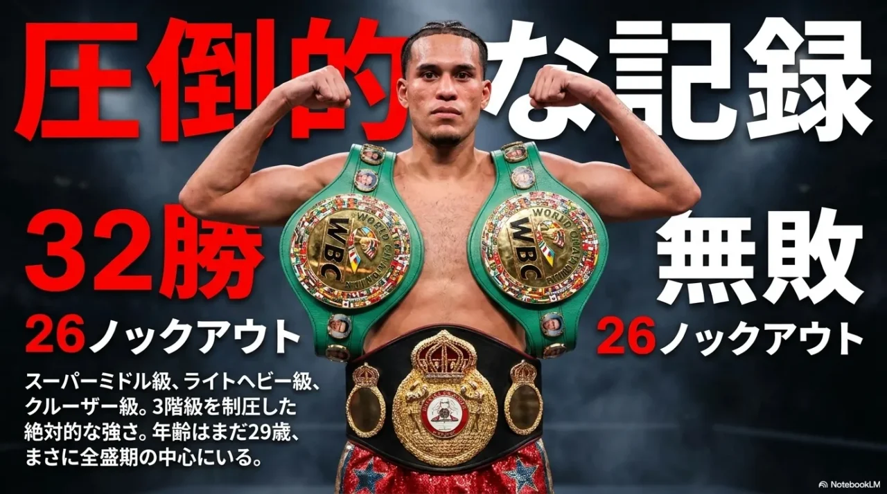 デビッド・ベナビデスの32勝無敗26KOと3階級制覇を示す画像