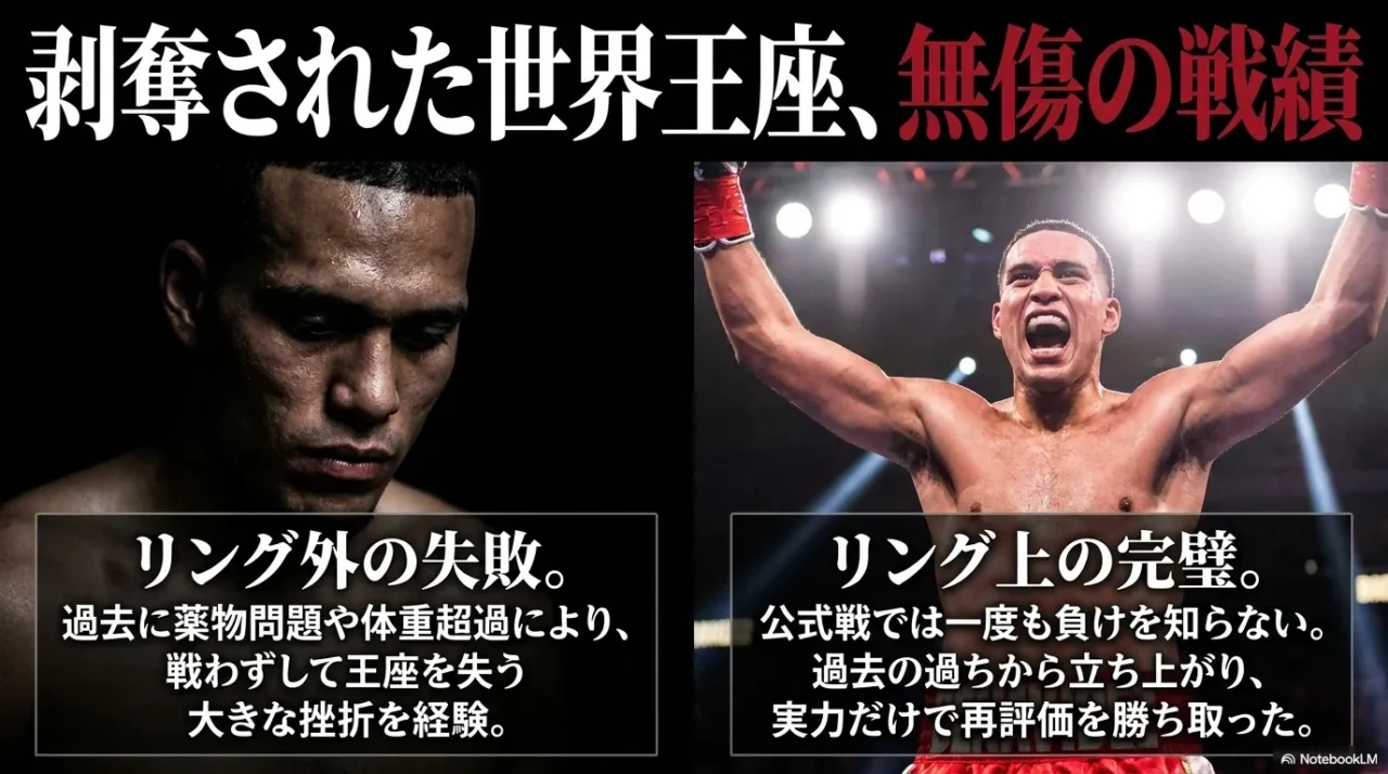 デビッド・ベナビデスの王座剥奪と無敗戦績の違いを説明する画像