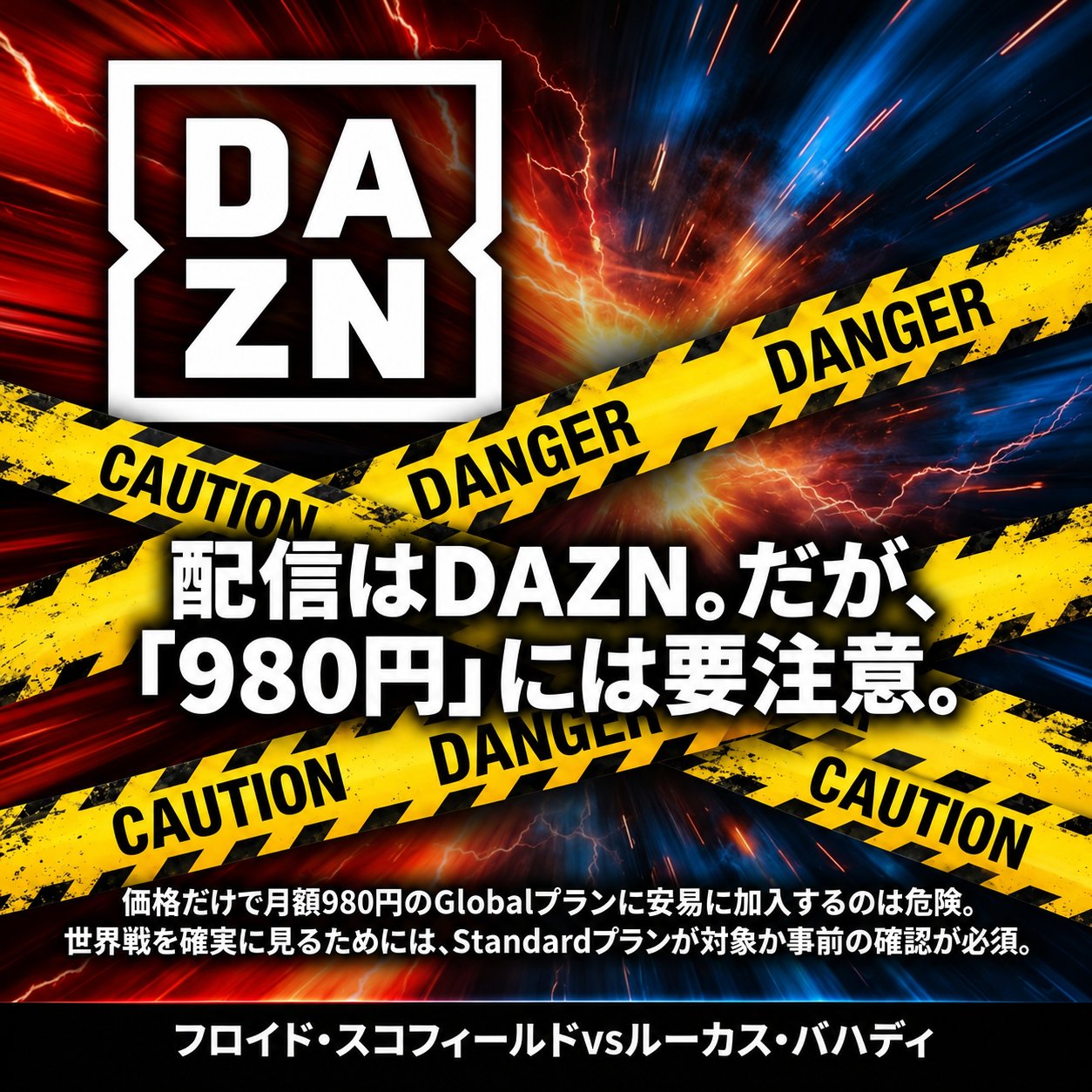 赤青の稲妻背景にDAZNロゴと警告テープを配置し、月額980円のGlobalプランは世界戦視聴前に対象確認が必要と注意喚起する画像