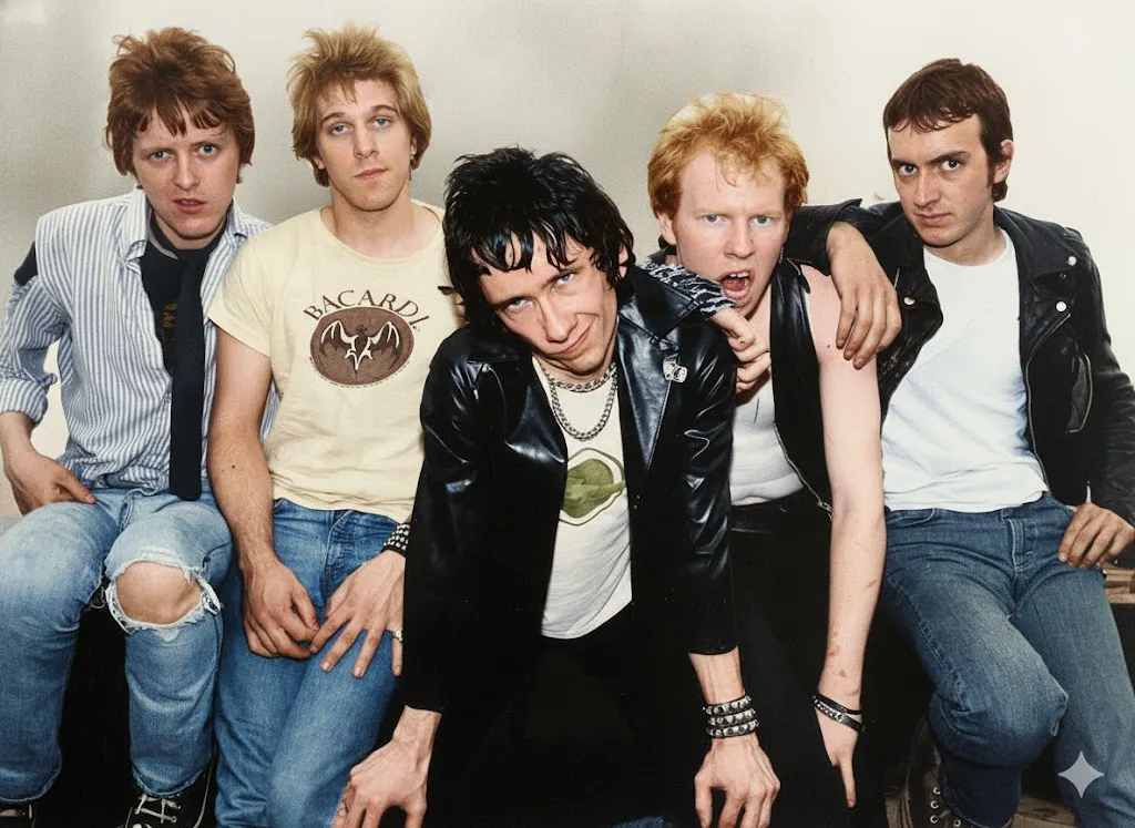 パンクバンド「デッド・ボーイズ」のメンバー5人が座って肩を組み、カメラを見つめている。70年代のプレス写真。