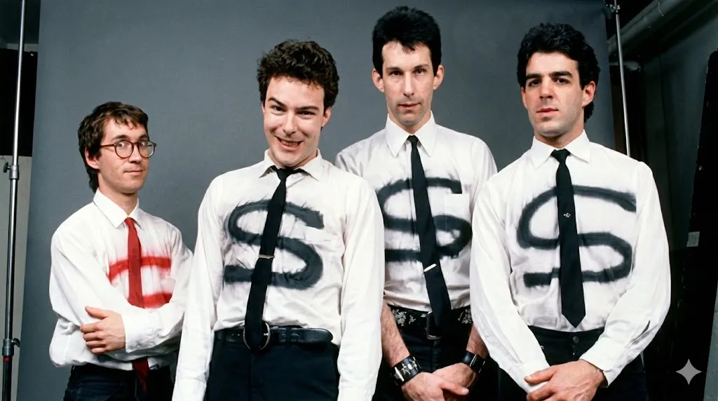 白いシャツにスプレーでドル記号などを描いたDead Kennedysのメンバー4人のスタジオ写真。