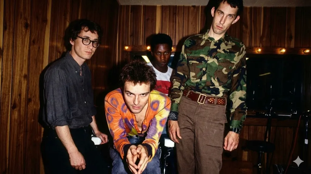 980年代のデッド・ケネディーズのメンバー集合写真。左からメガネをかけたベーシストのクラウス・フロライド、中央手前でオレンジ色のシャツを着たボーカルのジェロ・ビアフラ、中央奥に立つドラマーのD.H.ペリグロ、右側で迷彩柄のシャツを着たギタリストのイースト・ベイ・レイ。