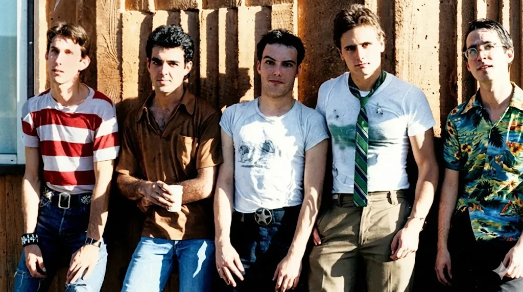 デッド・ケネディーズ結成初期の5人編成時の集合写真。木製の壁を背に、左から赤白ストライプシャツの6025、茶色のシャツを着た初代ドラマーのTed、中央のジェロ・ビアフラ、ネクタイ姿のクラウス・フロライド、右端でアロハシャツを着たイースト・ベイ・レイ。