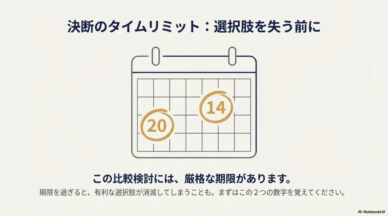 任意継続の20日と国保の14日という2つの重要な期限を示すカレンダーのイラスト