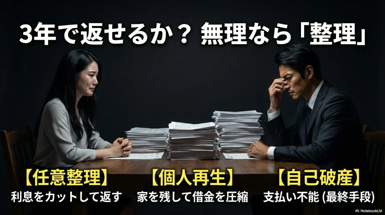 3年で返せるかを目安とし、任意整理、個人再生、自己破産の選択肢を比較する画像
