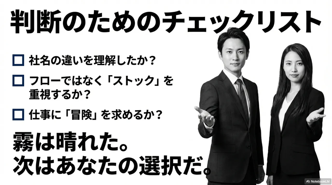 社名の混同防止、ストック重視、冒険志向を確認するチェックリスト画像