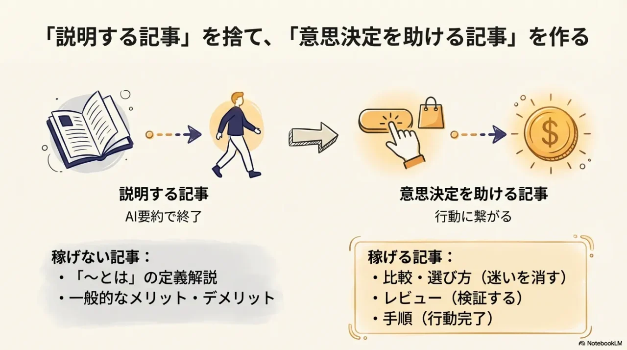 定義などの説明記事より、比較・レビュー・手順が行動につながることを示す図