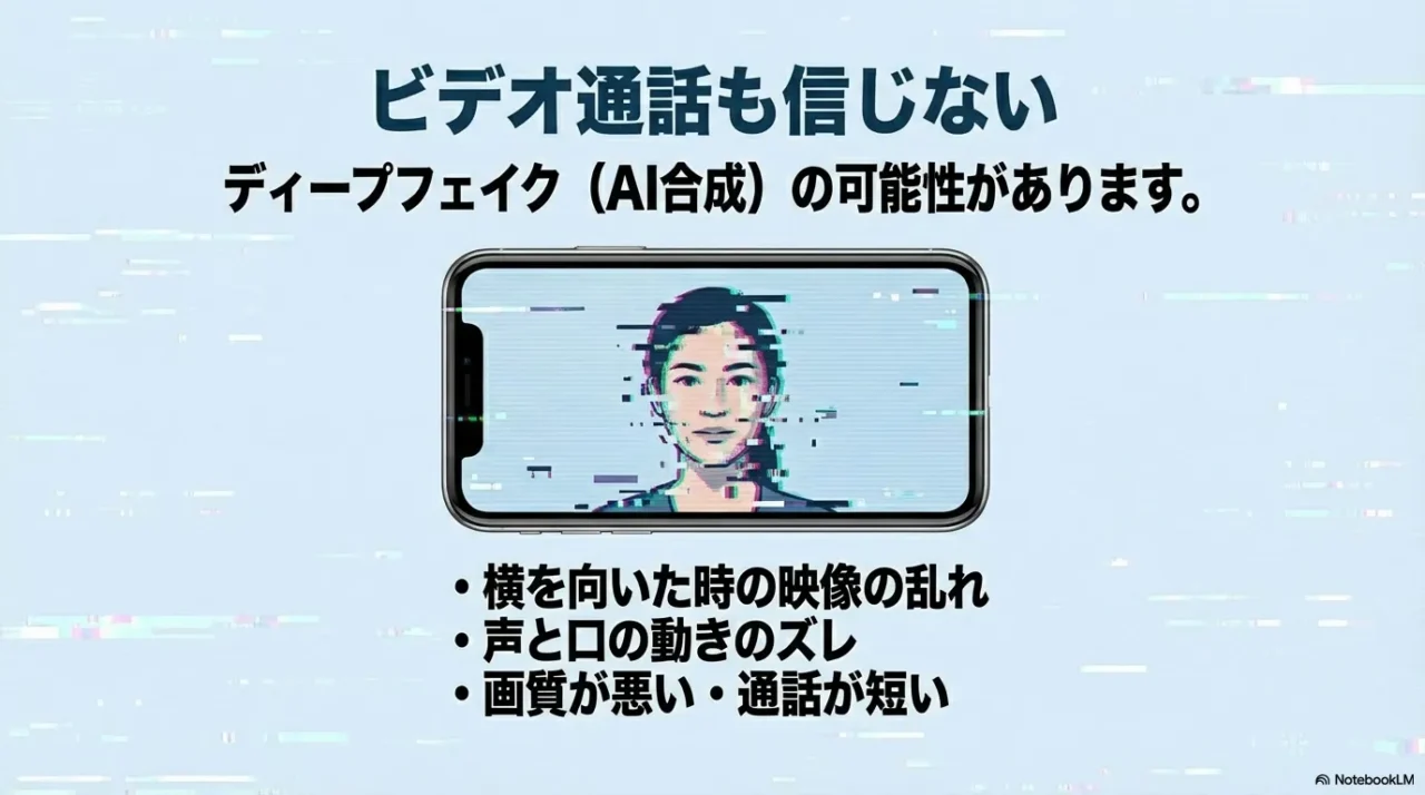 ビデオ通話でもAI合成の可能性があることを警告する画像。横を向いた時の乱れなどのチェックポイント