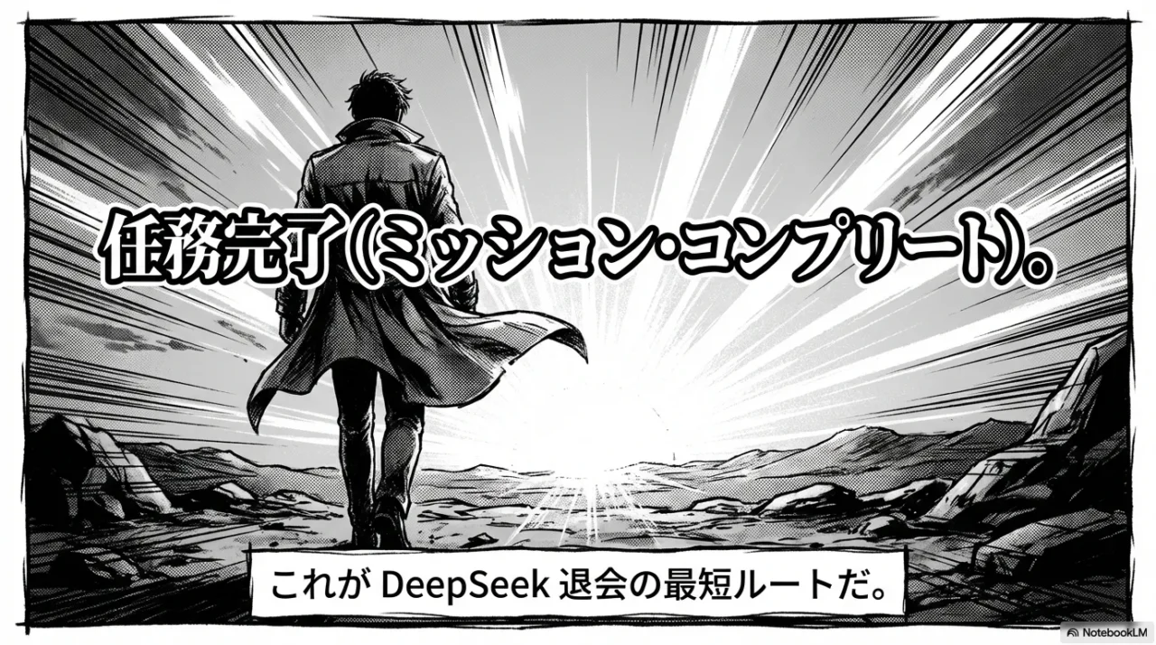 DeepSeekの退会手続きが完了し、最短ルートでトラブルを解決した達成感を描いたイラスト。