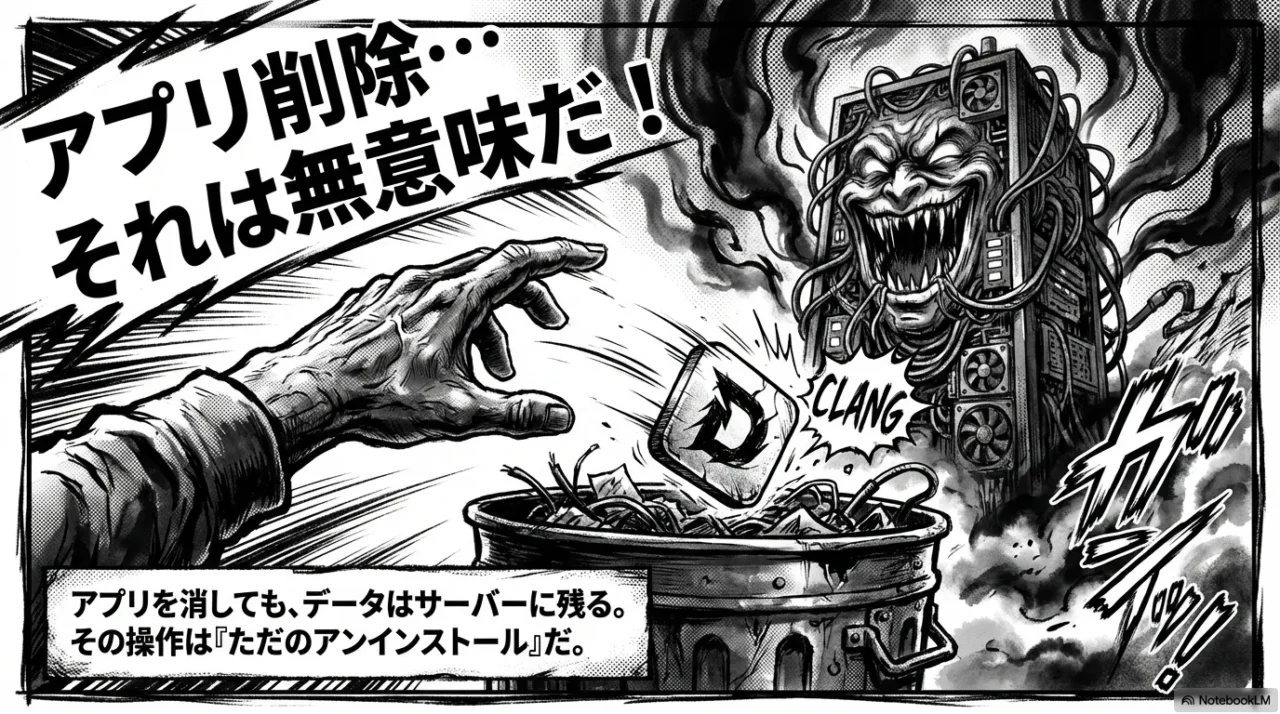 DeepSeekアプリを削除してもサーバーにデータが残ることを警告する漫画イラスト。「アプリ削除…それは無意味だ！」という文字と不気味なサーバーの怪物。