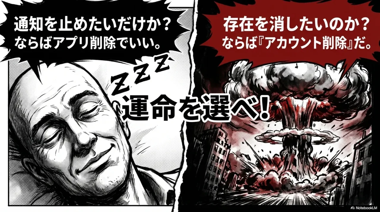 通知を止めたいだけのアプリ削除か、存在を消すアカウント削除か、目的別の選択を迫るイラスト。