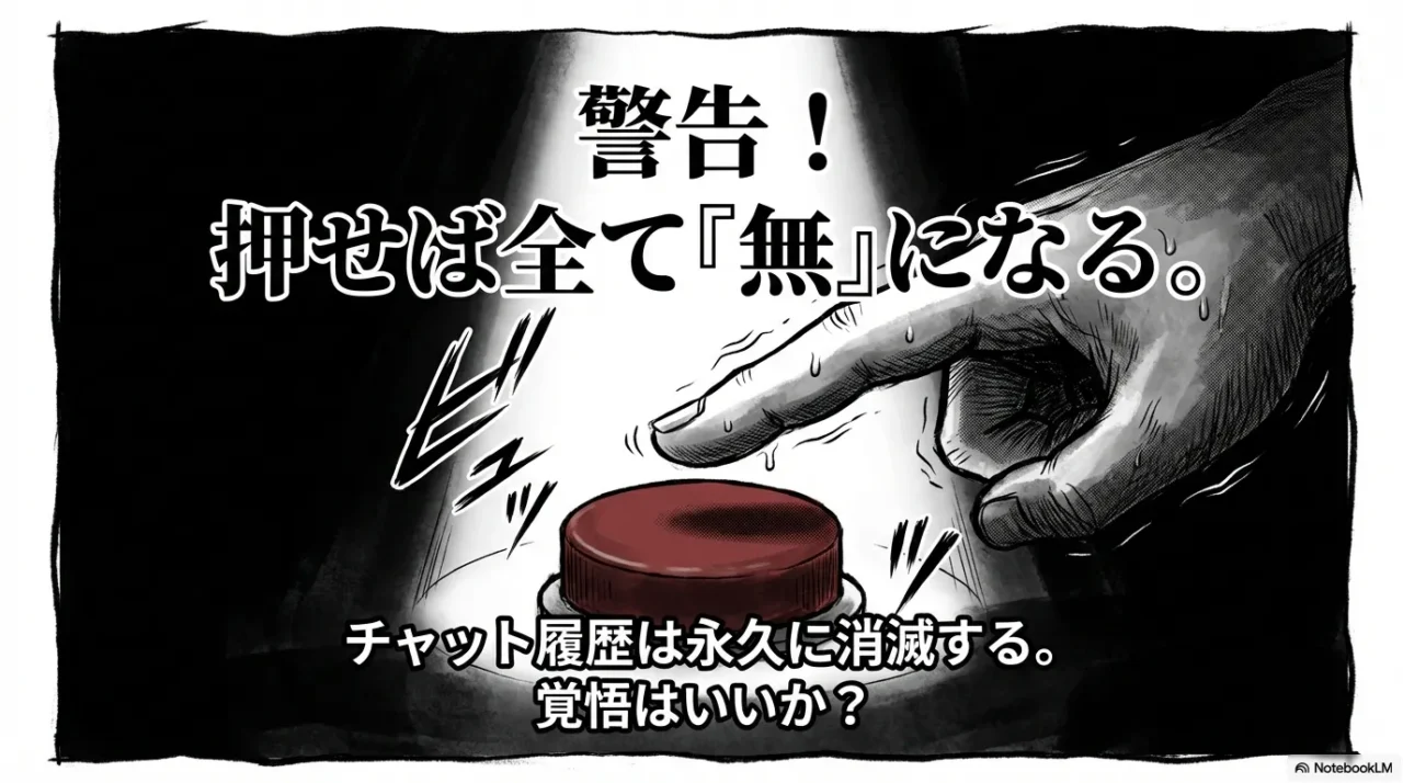 アカウント削除ボタンを押すとチャット履歴が永久に消滅し、復元できなくなることを警告するイラスト。
