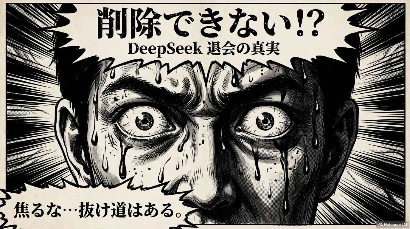 DeepSeek退会マニュアルの表紙イラスト。「削除できない!?」というタイトルと劇画調の男性。