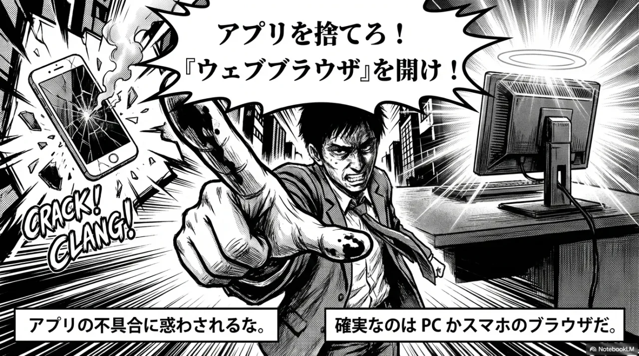 アプリの不具合を避けるため、PCやスマホのWebブラウザから削除することを推奨するイラスト。