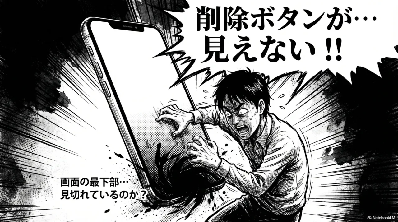 スマホアプリ画面の最下部が見切れてしまい、削除ボタンが押せない状態のイラスト。