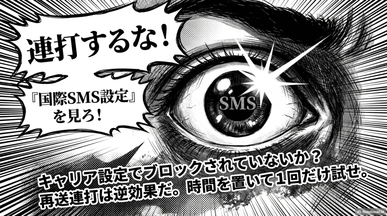 国際SMS設定の確認を促し、再送ボタンの連打を禁止する警告イラスト。