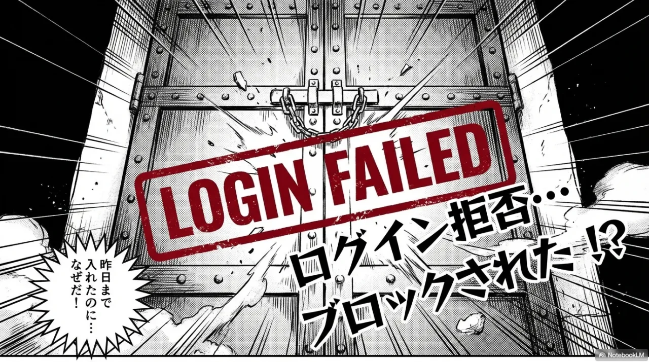 DeepSeekにログインできず、ブロックされた画面を見て焦るユーザーのイラスト。