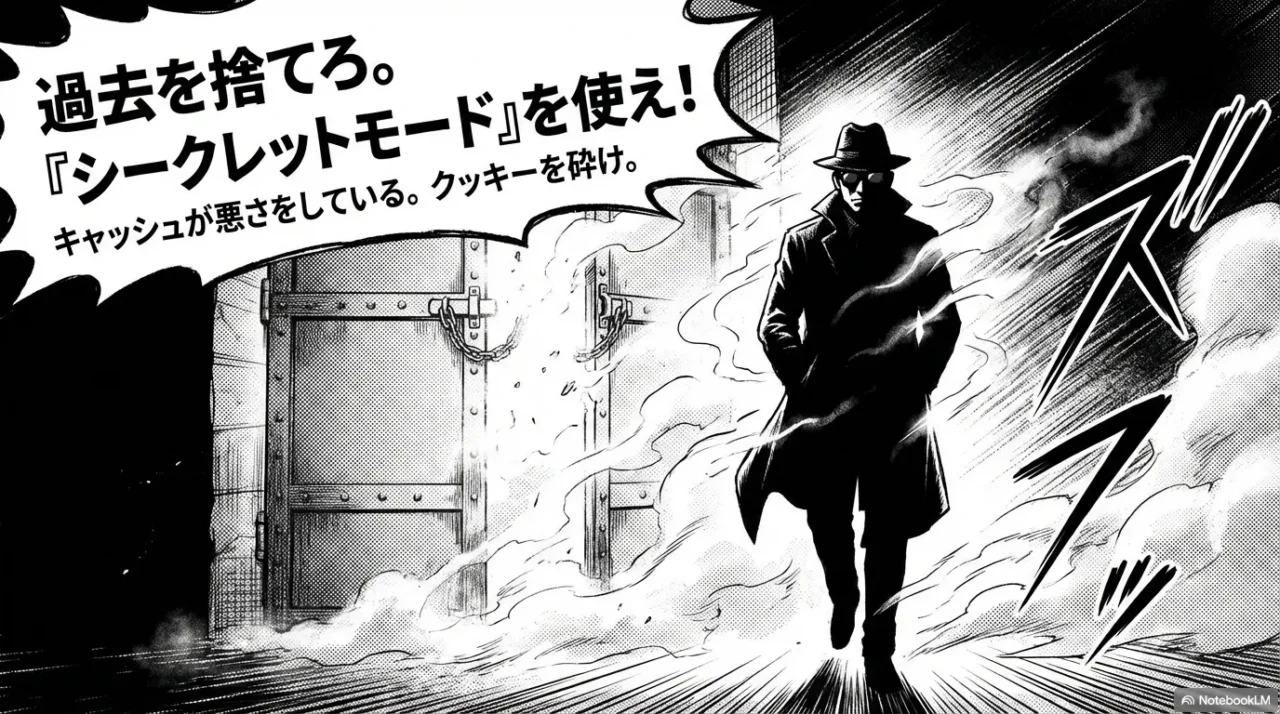 ログインできない時の解決策として、ブラウザのキャッシュ削除やシークレットモードの使用を推奨するイラスト。