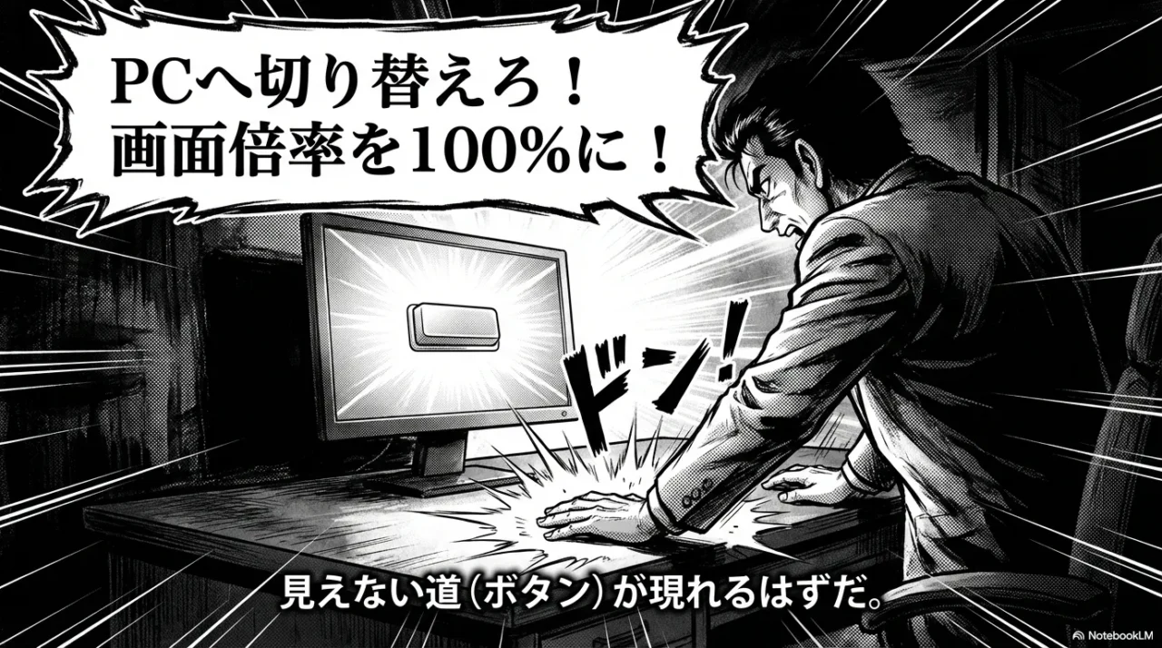 不具合回避のためにPCブラウザへ切り替え、画面倍率を調整する解決策のイラスト。