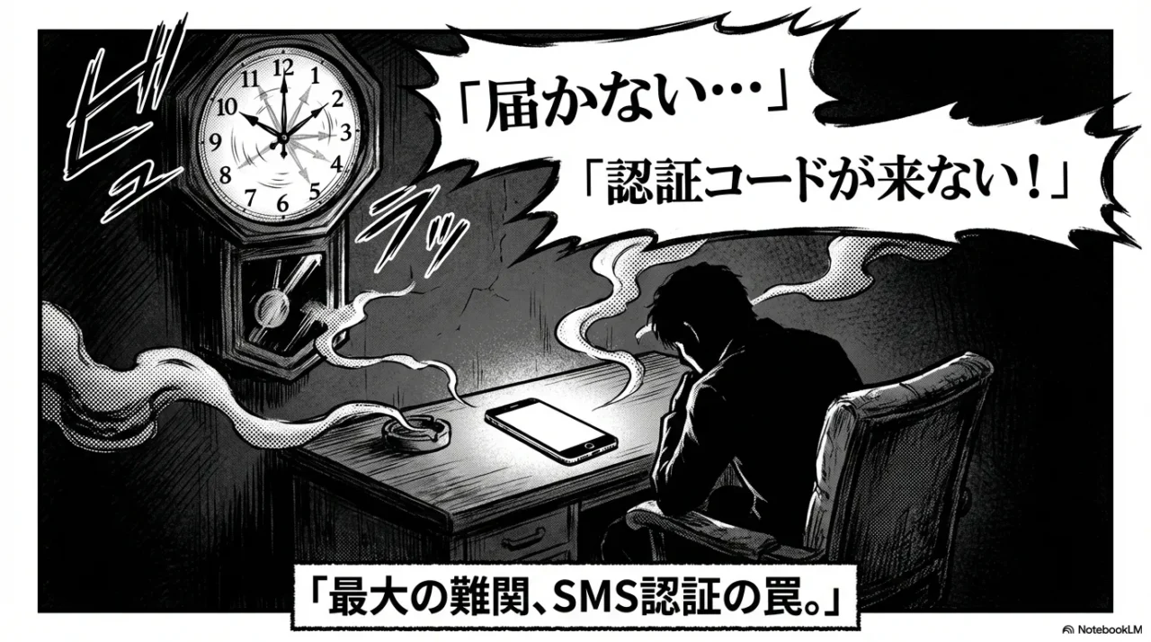 時間が経過してもDeepSeekのSMS認証コードが届かず、焦りを感じているイラスト。