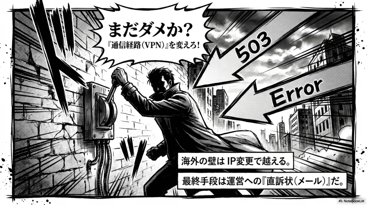 海外サービスへの接続エラーを回避するため、VPNやIP変更を示唆するイラスト。