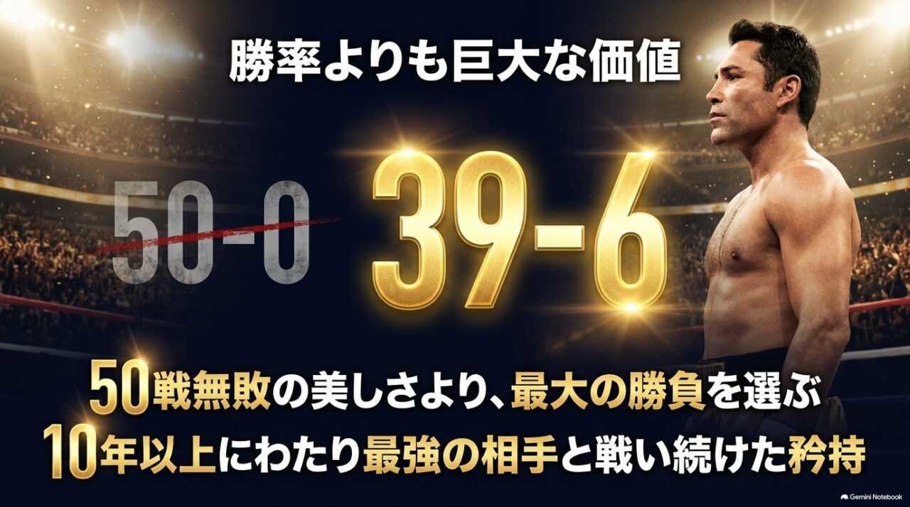 消し線を引いた「50-0」と金色に輝く「39-6」を並べ、無敗記録より強敵と戦い続けた価値を強調したデラホーヤの比較画像。