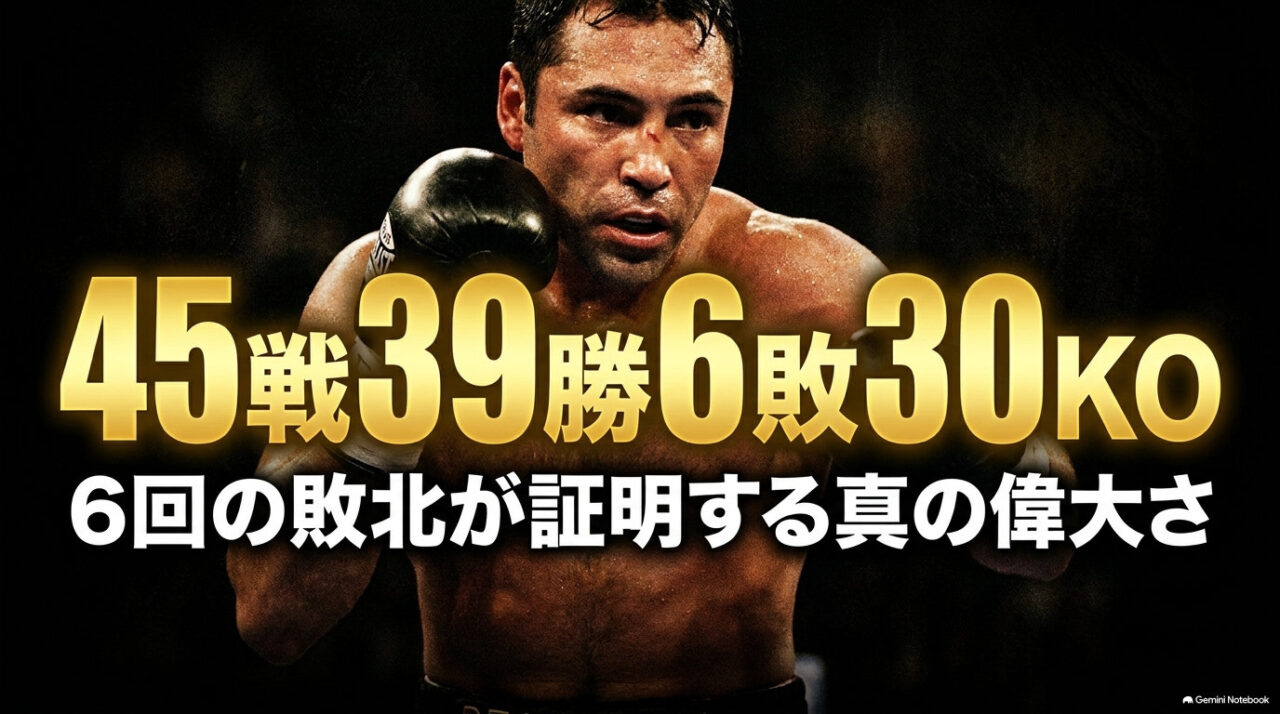 「45戦39勝6敗30KO」の金文字と、拳を構えるオスカー・デラホーヤの写真を配したタイトル画像。副題は「6回の敗北が証明する真の偉大さ」。