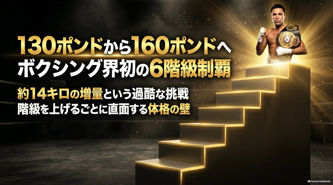 黄金の階段の頂上にベルトを持つデラホーヤが立つ図解。130ポンドから160ポンドへ約14キロ増量し、ボクシング界初の6階級制覇を達成したことを示す。
