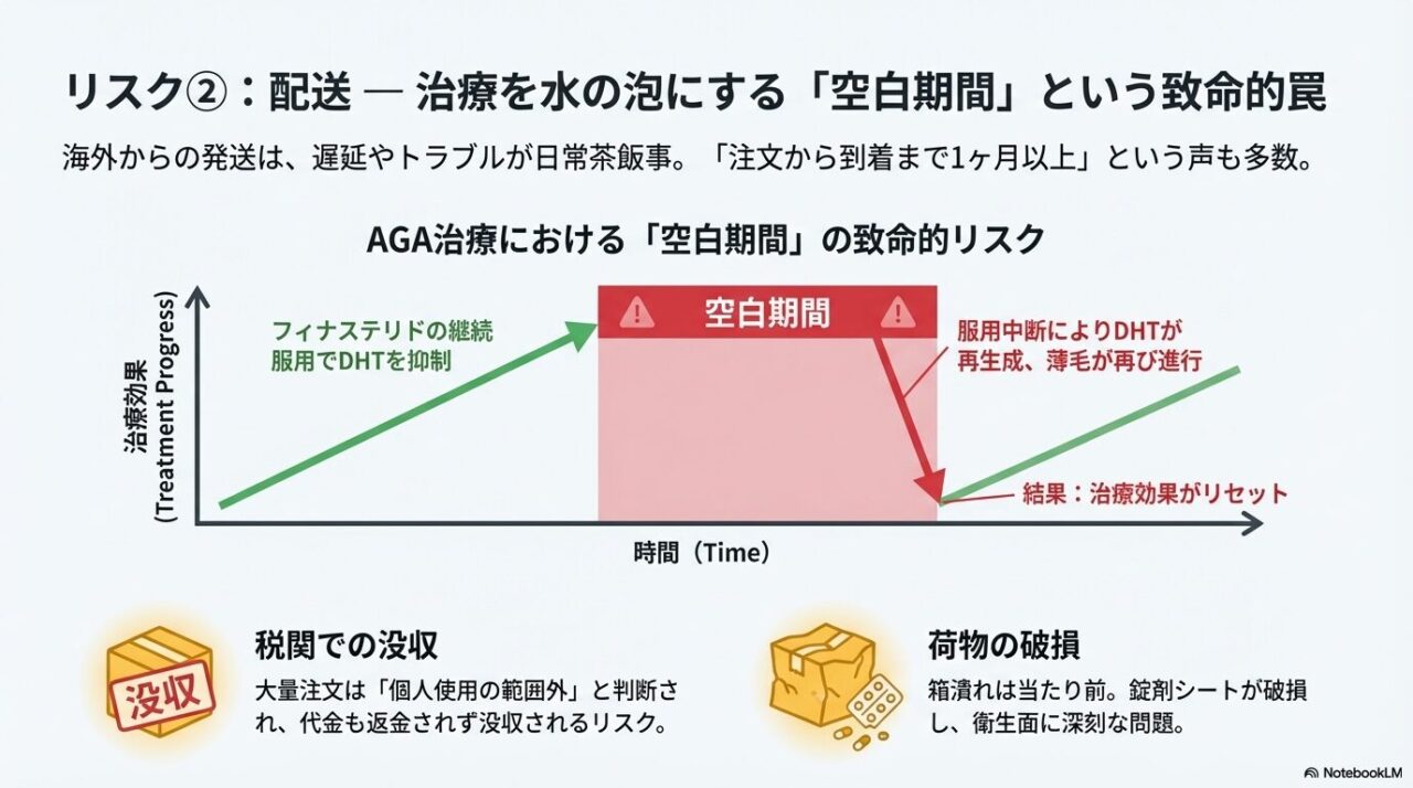 薬が届かないことによる服用中断(空白期間)が、DHTの再生成と薄毛の進行(治療効果のリセット)を招くメカニズム