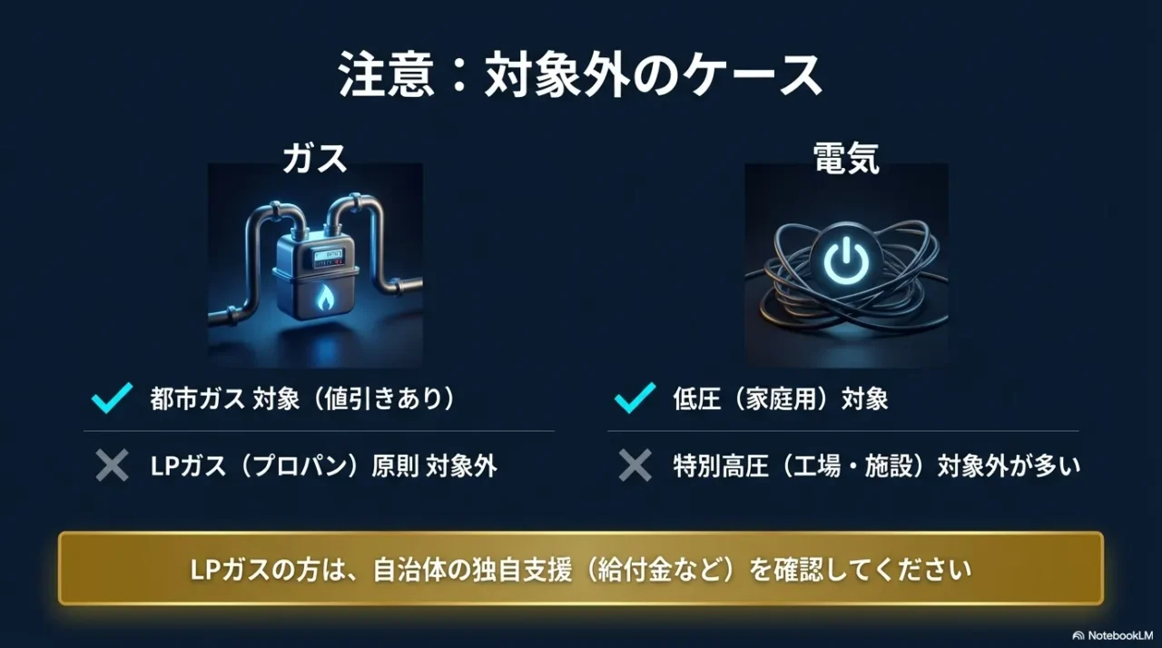 都市ガスとLPガス、低圧と特別高圧の対象可否を整理した図