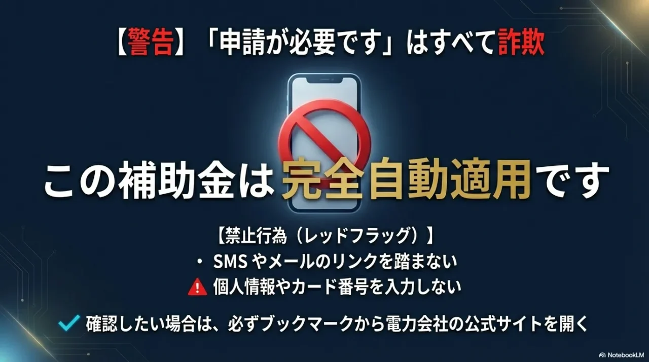 電気代補助金は自動適用で申請不要、申請誘導は危険という警告図
