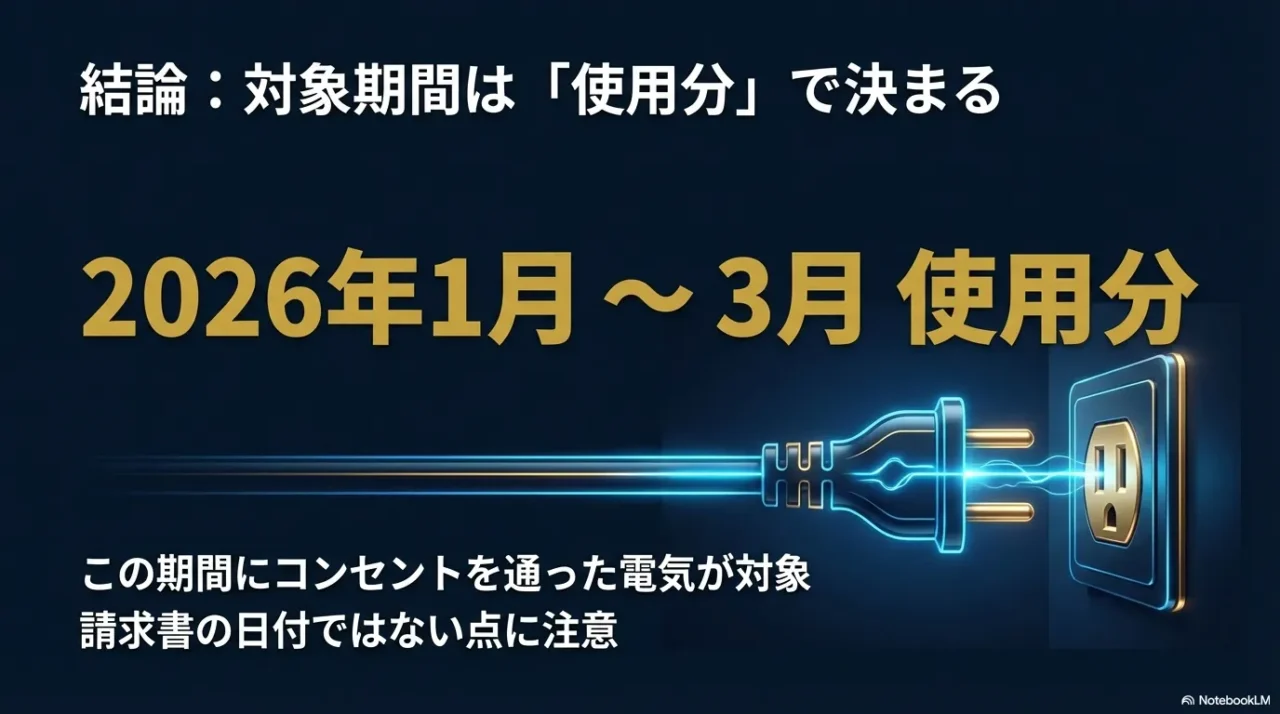 電気代補助金2026の対象期間は1月〜3月使用分で決まることを示す図