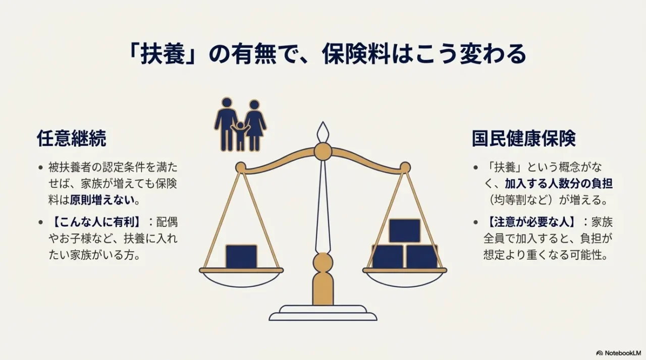 扶養家族がいる場合の保険料負担イメージ。任意継続は増えにくいが、国保は人数分増えることを示す天秤のイラスト