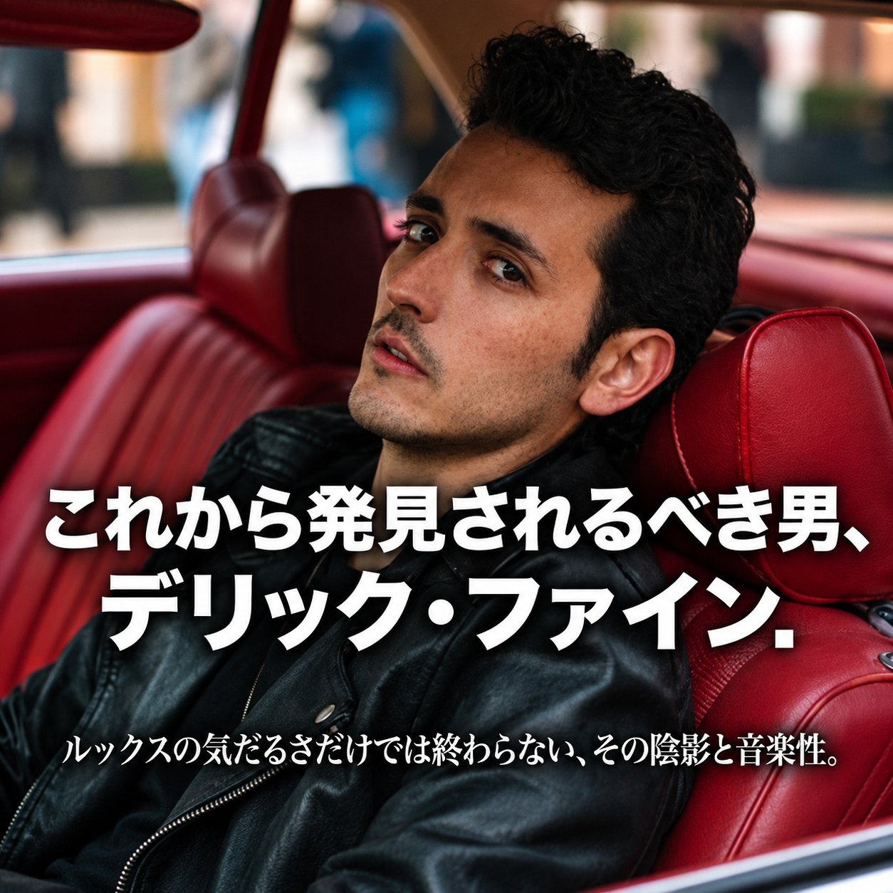 赤い革張りの車内で黒いレザージャケットを着たデリック・ファインと「これから発見されるべき男」の見出しを重ねた記事導入画像