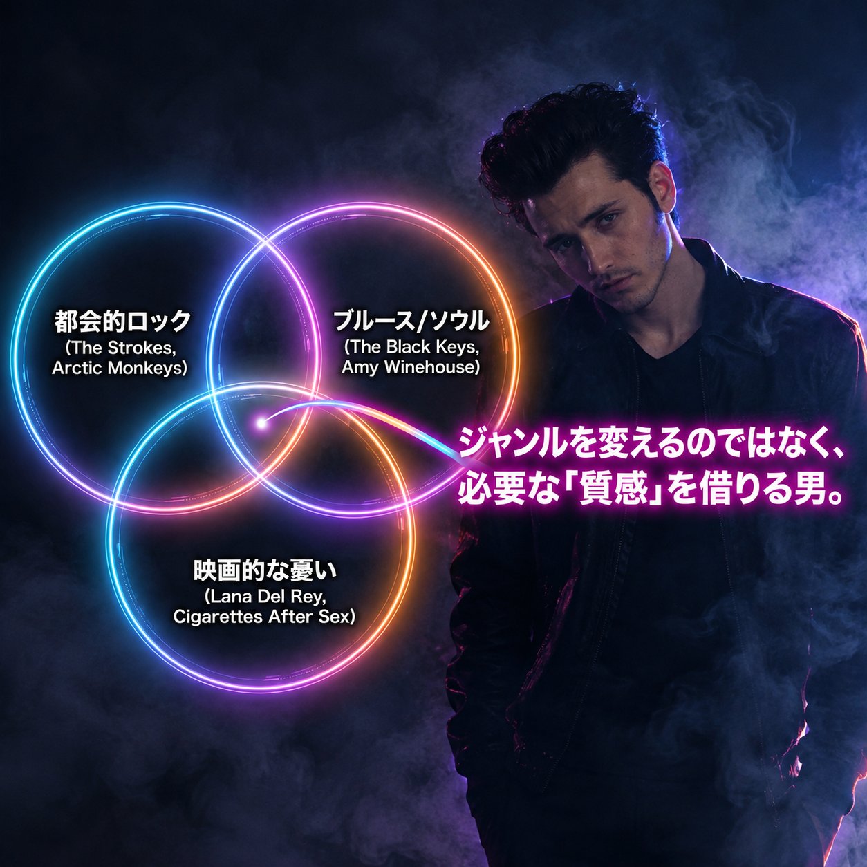 デリック・ファインの横に3つのネオン円を重ね、都会的ロック、ブルース/ソウル、映画的な憂いという音楽的要素を図示した画像