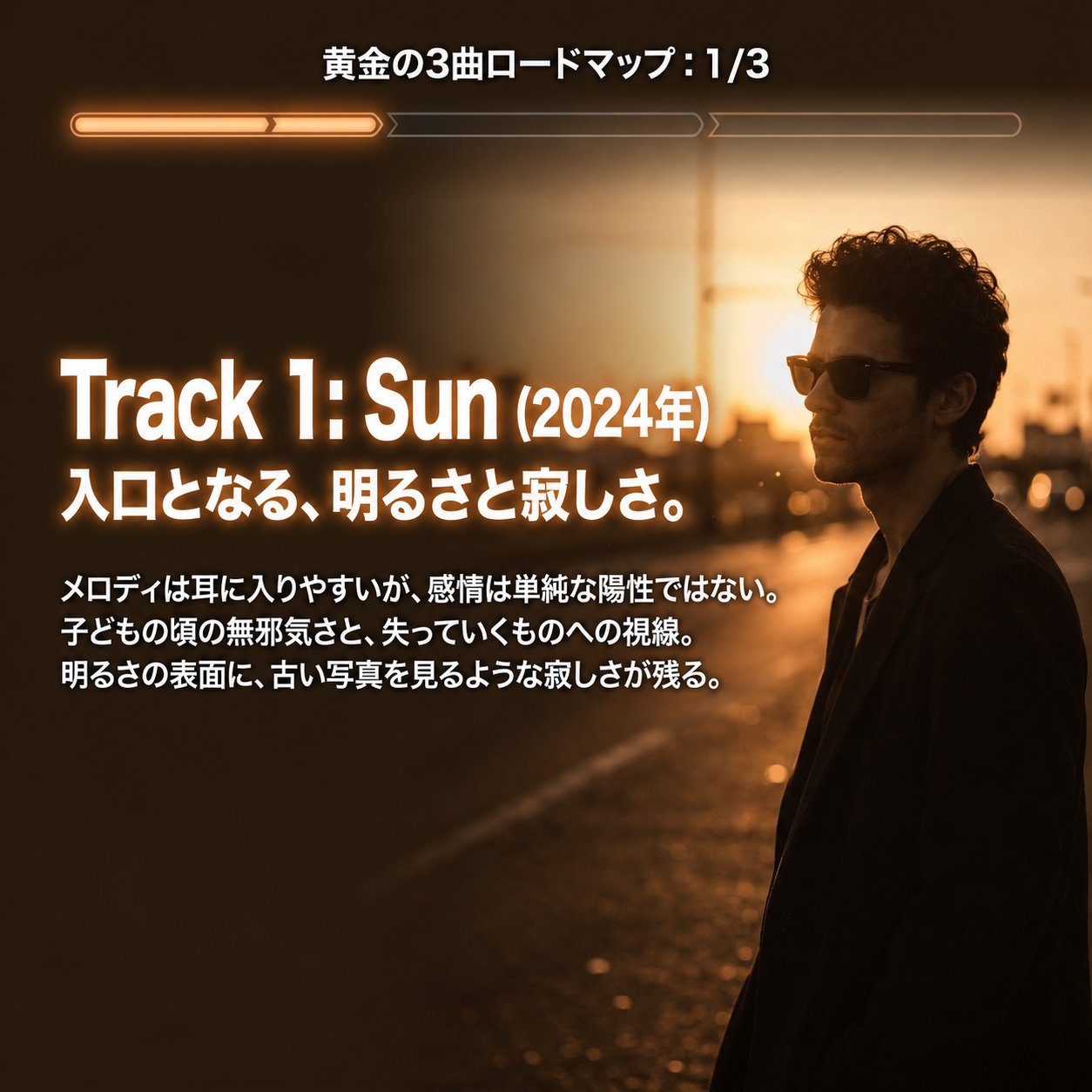 夕暮れの街に立つデリック・ファインと「Track 1: Sun(2024年)」の文字、明るさと寂しさを説明する3曲ロードマップ画像