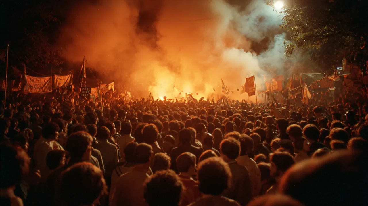 夜の抗議集会で、無数の群衆が赤い炎と煙に包まれながら集まり、旗やバナーを掲げて行進している様子。