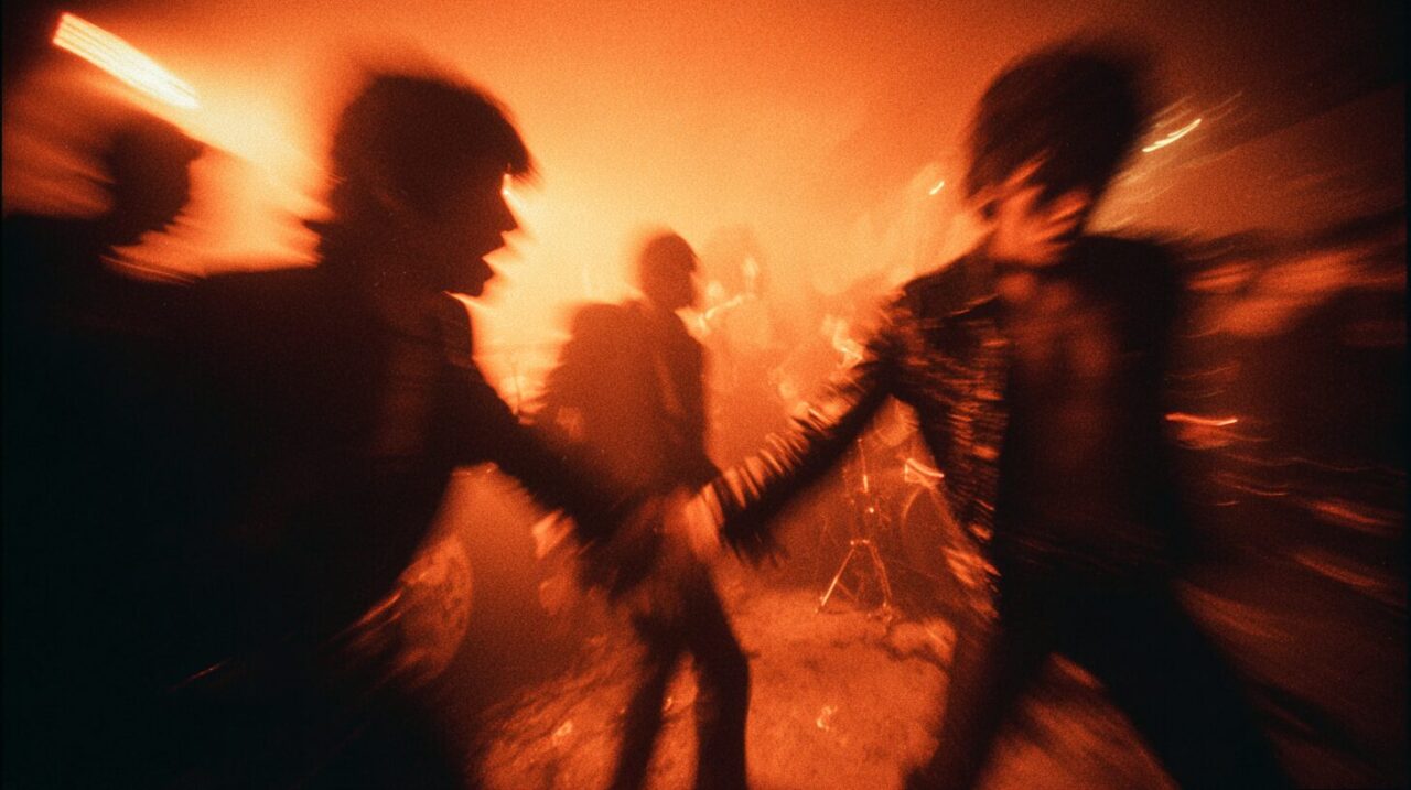 激しい赤い照明の中、複数の人物が動き回りながら手を取り合っている様子をブレた動きで捉えた、混沌としたライブの瞬間。