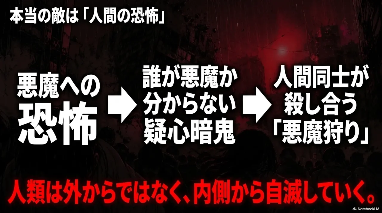 デビルマン5巻で人間の恐怖が疑心暗鬼と悪魔狩りへ変わっていく流れを示した画像