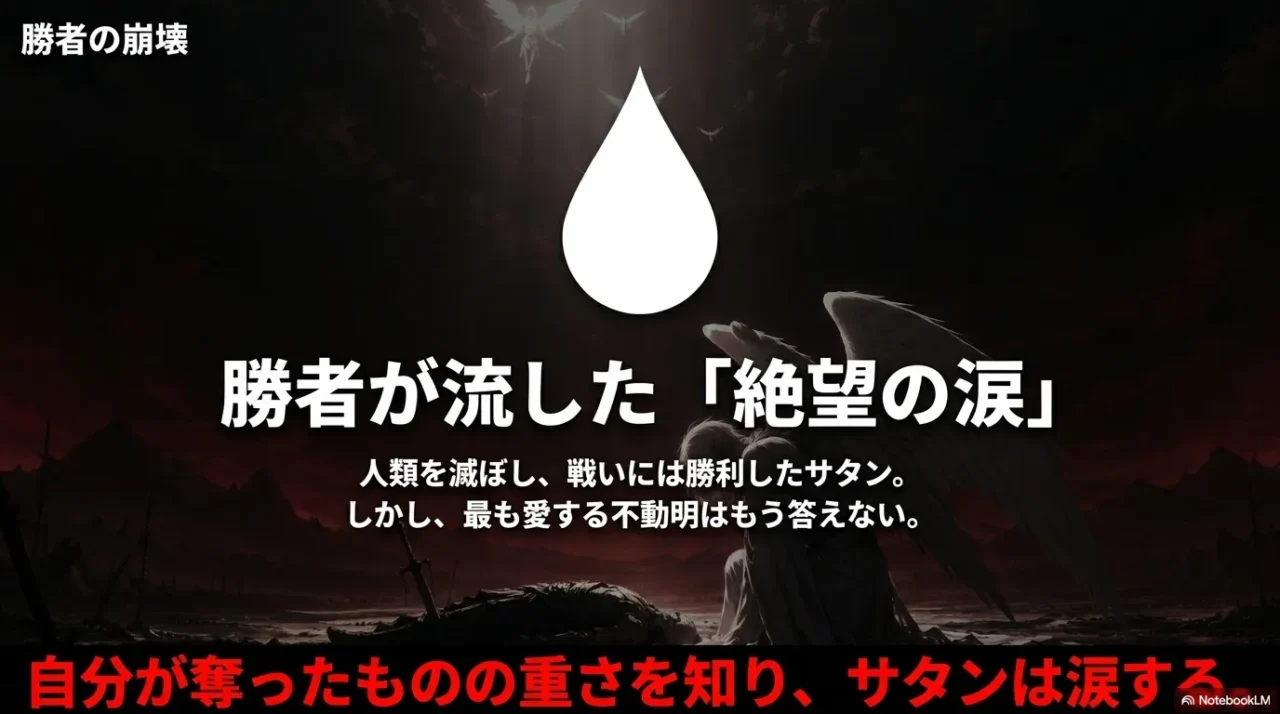 デビルマンのラストで勝者であるサタンが不動明を失い涙する意味を表した画像