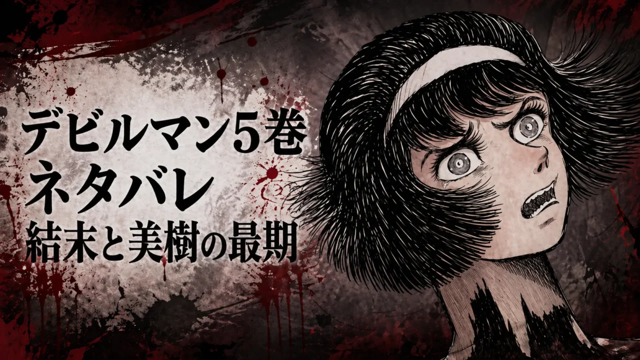 デビルマン5巻のネタバレ記事用に、結末と美樹の最期をテーマにしたホラー調のアイキャッチ画像