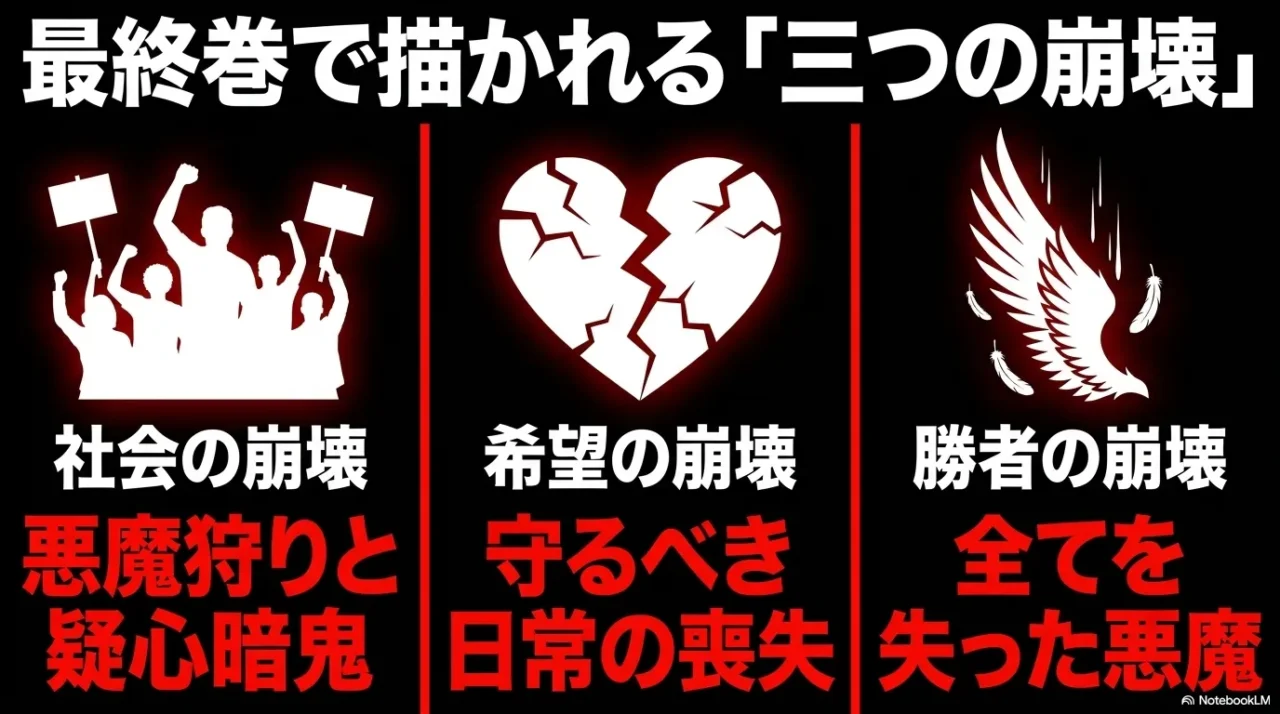 デビルマン5巻で描かれる社会の崩壊、希望の崩壊、勝者の崩壊を整理した解説画像